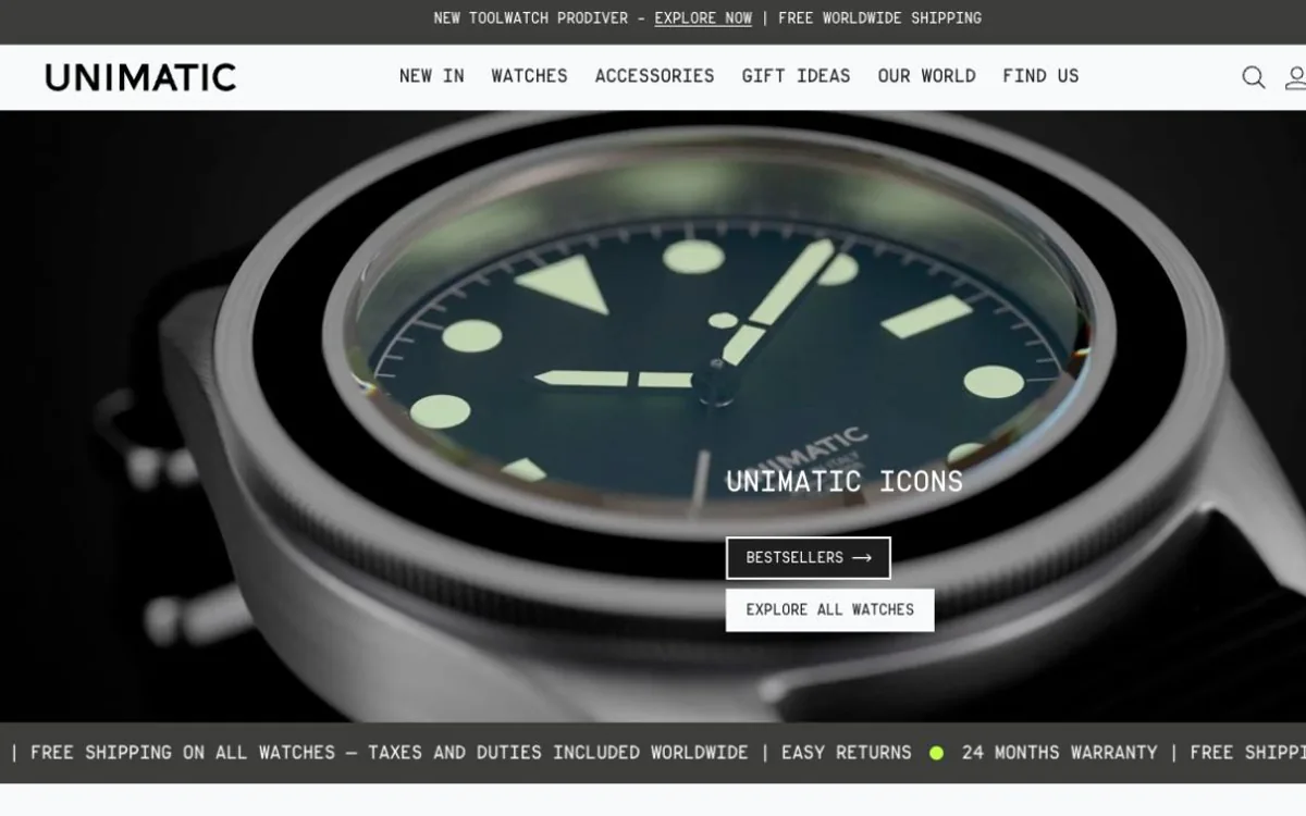 Unimatic Watches storefront showing a close-up watch and its main navigation.